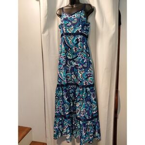 Modcloth Tiered Boho Y2k Babydoll Dress Women V Neck‎ Colorful Blue Paisley Med